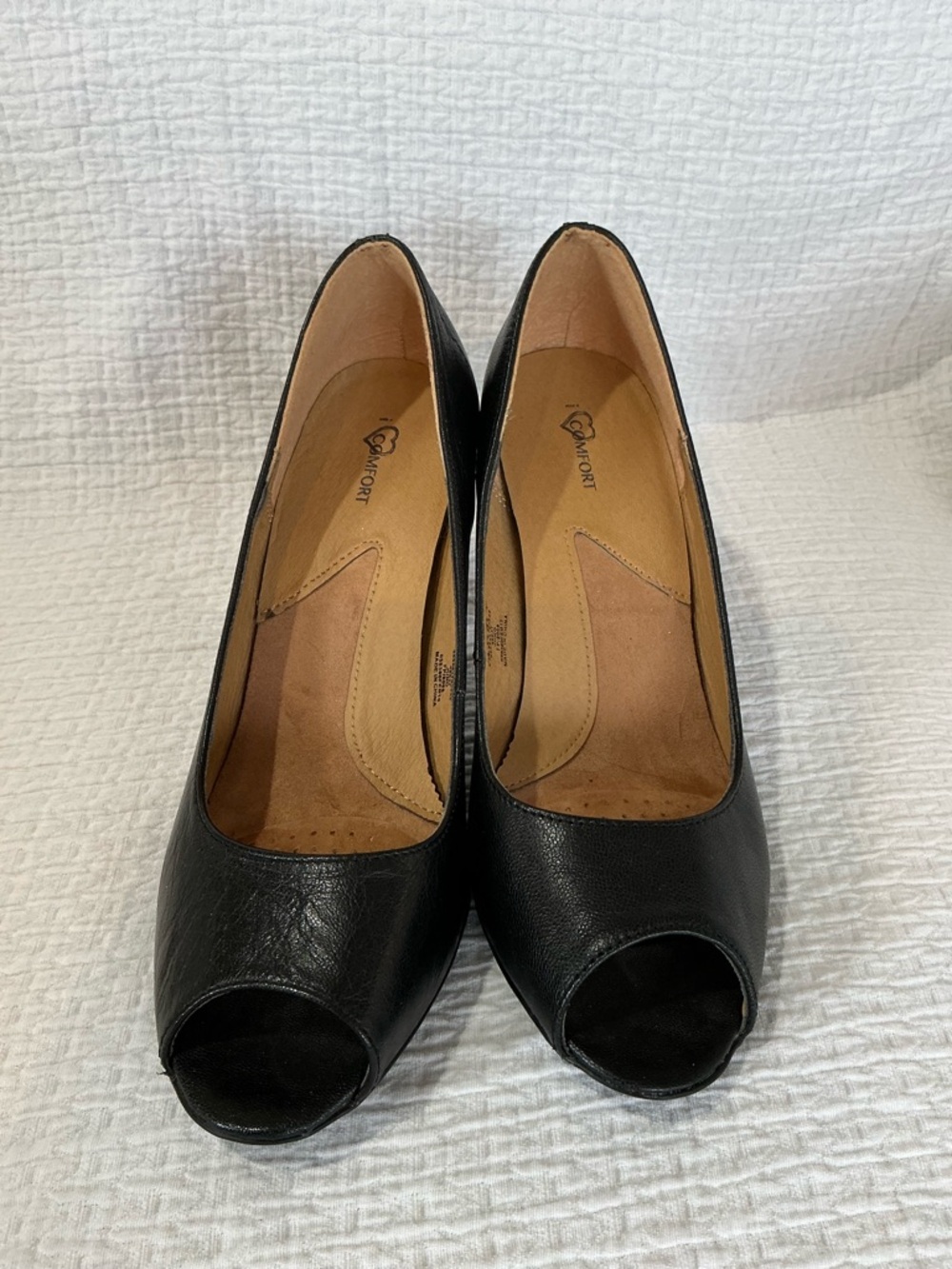 🤎 I Love Comfort Black Leather Peep Toe Shoes 3 1/2 Inch Heels Pumps - Size 8.5 - Picture 2 of 8